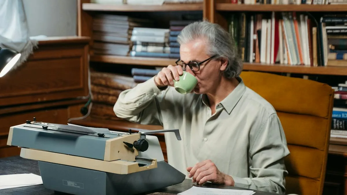 Older man relaxing with coffee and a book in a library
